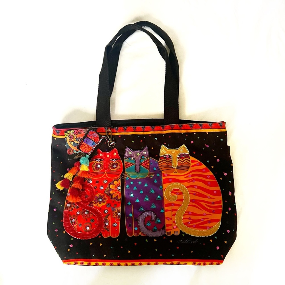 NWT Laurel Burch Boho Cat Shoulder Tote Bag Set Colorful Bold Sequins Beads